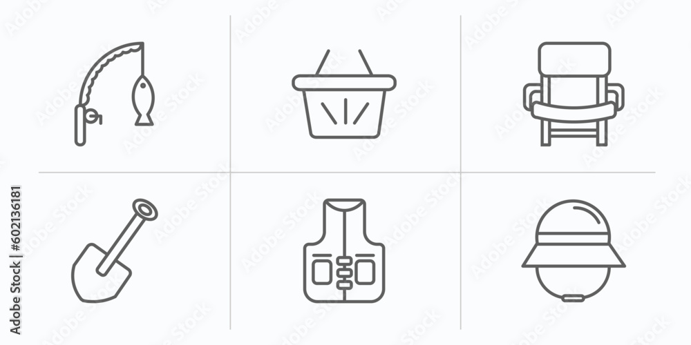 camping outline icons set. thin line icons such as fishing rod, basket, folding chair, shovel, fishing vest, explorer hat vector. camping outline icons set. thin line icons such as fishing rod, basket, folding chair, shovel, fishing vest, explorer hat vector.