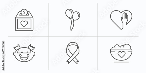 charity outline icons set. thin line icons such as donation box, ballons, voluntary service, smiley face, awareness, charity food vector.