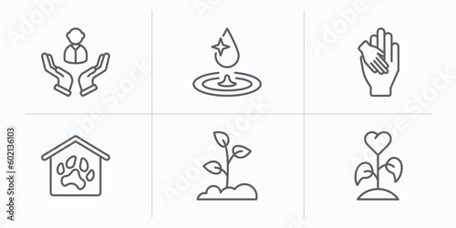 charity outline icons set. thin line icons such as human, clean water, charity, shelter, reforestation, plant heart vector.