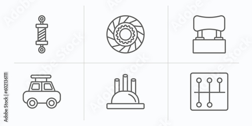 car parts outline icons set. thin line icons such as car coil, car clutch, headrest, roof, distributor cap, gearbox vector.