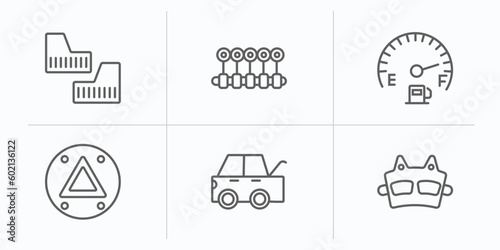 car parts outline icons set. thin line icons such as car mud flap, car crankshaft, petrol gauge, hazard lights, taiate, brake pad vector.
