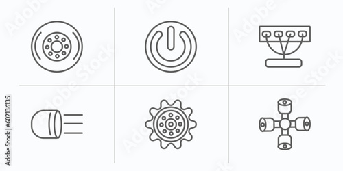 car parts outline icons set. thin line icons such as car hubcap, car ignition, manifold, headlight, sprocket, wheel brace vector.