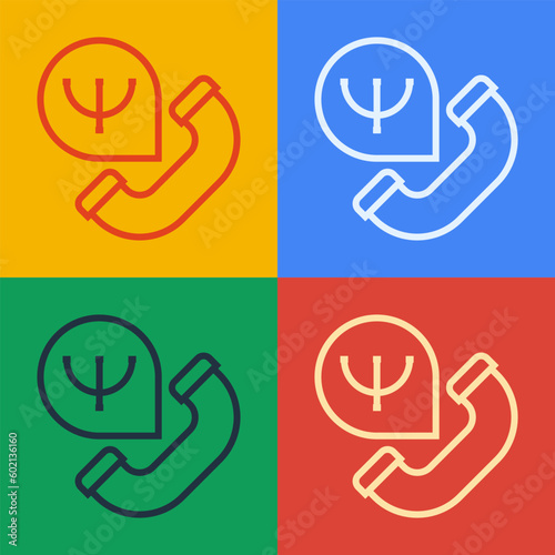 Pop art line Online psychological counseling distance icon isolated on color background. Psychotherapy, psychological help, psychiatrist online consulting. Vector