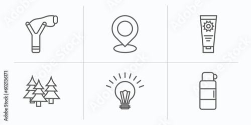 camping outline icons set. thin line icons such as slingshot, location, sun lotion, forest, lamp, thermo vector.