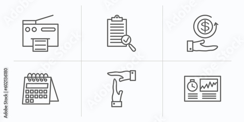business and finance outline icons set. thin line icons such as printing documents, revision, money back, wall calendar, time out, hash rate vector.