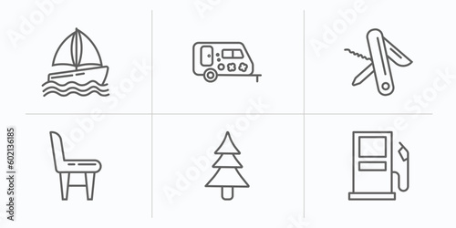 camping outline icons set. thin line icons such as boat, caravan, swiss army knife, chair, tree, gasoline vector.