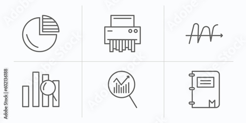 business and analytics outline icons set. thin line icons such as graph pie, paper shredder, wave chart, profit analysis, data analytics, workbook vector.