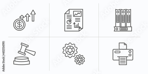 business and finance outline icons set. thin line icons such as increase money, infographics, binder, trial hammer, cogwheel hine part, print document vector. photo