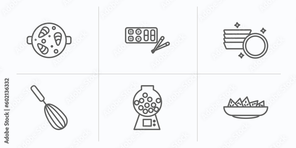 bistro and restaurant outline icons set. thin line icons such as paella with parwns, sushi mix, round plate, manual mixer, candy balls, nachos plate vector.