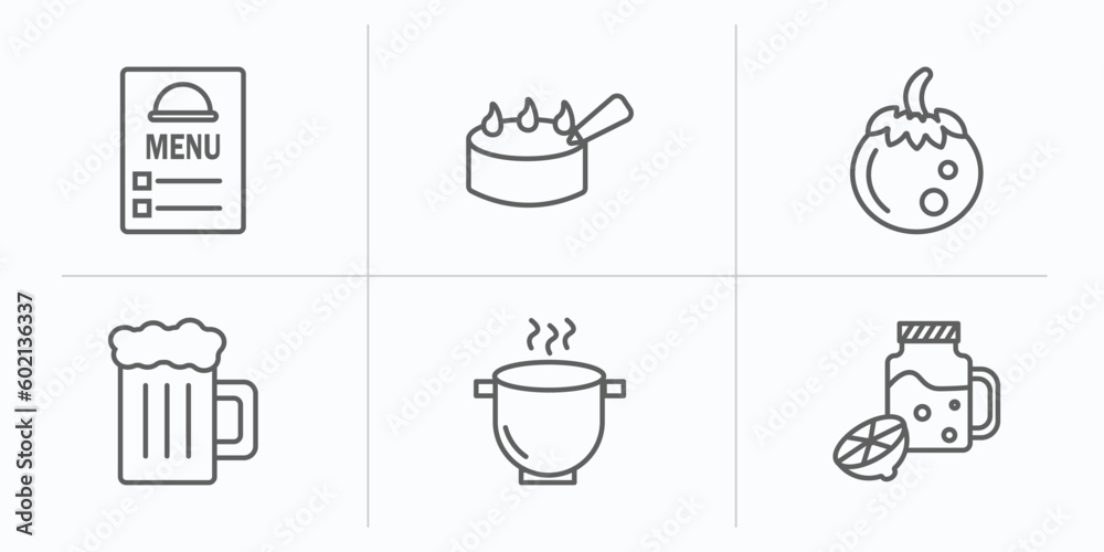 bistro and restaurant outline icons set. thin line icons such as menu card, decorated cake, fresh tomato, foamy beer jar, boiling water pan, drink jar vector.