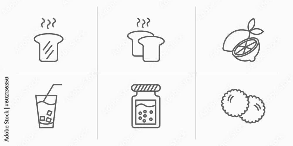 bistro and restaurant outline icons set. thin line icons such as toasted bread, load of bread, half lemon, lemonade with straw, jar full of food, pita bread vector.