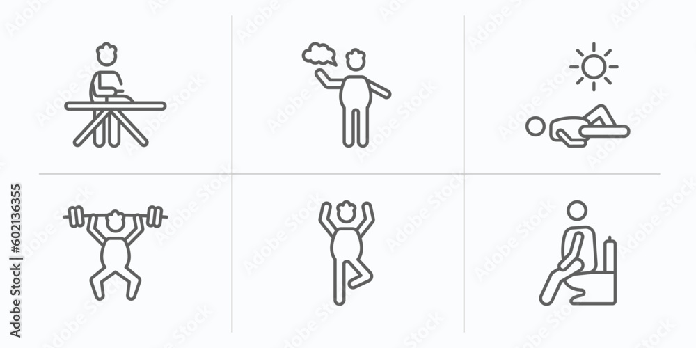 behavior outline icons set. thin line icons such as man ironing, stick man speech, man sunbathing, lifting bar, yoga position, at restroom vector. behavior outline icons set. thin line icons such as man ironing, stick man speech, man sunbathing, lifting bar, yoga position, at restroom vector.