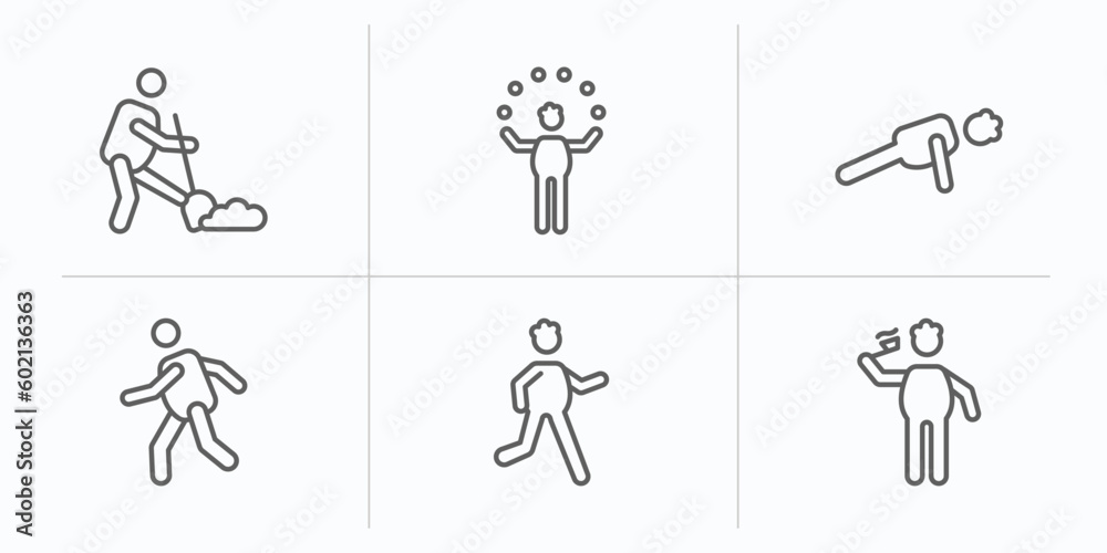 behavior outline icons set. thin line icons such as man digging, circus man, stick man push up, running, stick running, brushing teeth vector. behavior outline icons set. thin line icons such as man digging, circus man, stick man push up, running, stick running, brushing teeth vector.