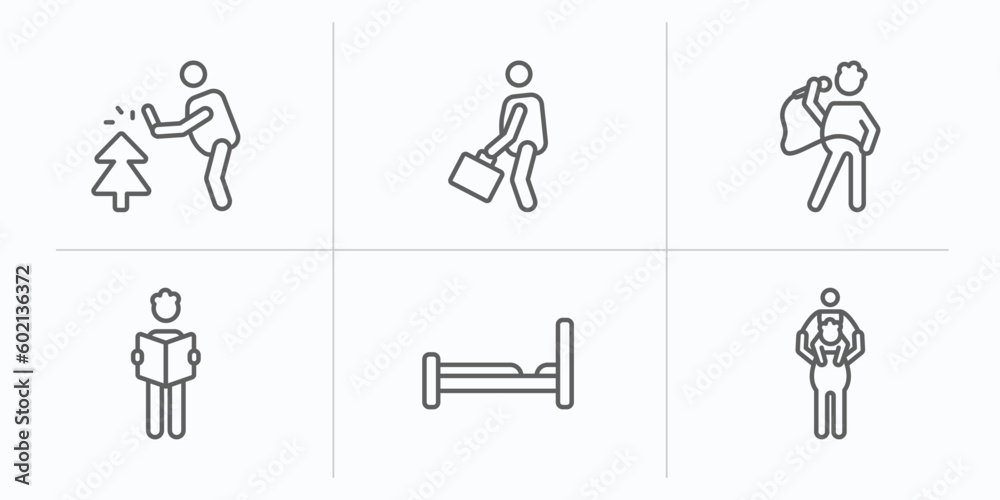 behavior outline icons set. thin line icons such as prune hedge, going to work, singer with microphone, stick man reading, making the bed, piggyback a kid vector. behavior outline icons set. thin line icons such as prune hedge, going to work, singer with microphone, stick man reading, making the bed, piggyback a kid vector.