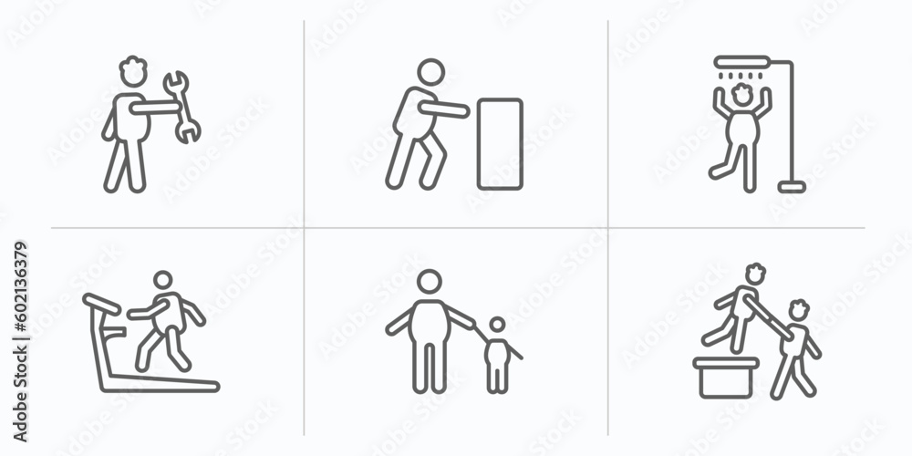 behavior outline icons set. thin line icons such as man with tool, man pushing, man showering, on treadmill, child with helping a to climb vector. behavior outline icons set. thin line icons such as man with tool, man pushing, man showering, on treadmill, child with helping a to climb vector.