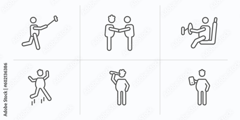 behavior outline icons set. thin line icons such as man taking a selfie, two men meeting, man driving, stick man jumping, drinking, with mobile phone vector. behavior outline icons set. thin line icons such as man taking a selfie, two men meeting, man driving, stick man jumping, drinking, with mobile phone vector.