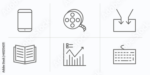 blogger and influencer outline icons set. thin line icons such as mobile, film reel, feed, literature, statistics, keyboard vector.