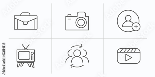 blogger and influencer outline icons set. thin line icons such as suitcase, camera, follower, tv, community, video vector.