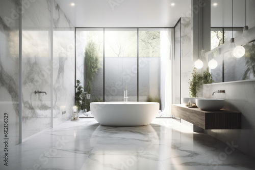 A contemporary white bathtub next to a window, offering natural light and a sleek, stylish design. Perfect for a modern bathroom with a minimalistic interior. AI Generative.