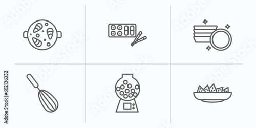 bistro and restaurant outline icons set. thin line icons such as paella with parwns, sushi mix, round plate, manual mixer, candy balls, nachos plate vector.