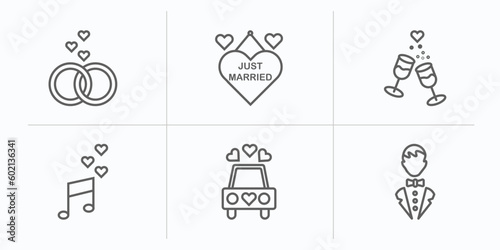 birthday and party outline icons set. thin line icons such as wedding, just married, wedding champagne, love music, wedding car, groom vector.