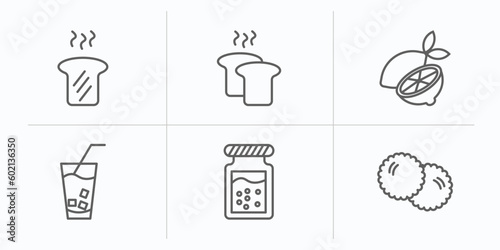 bistro and restaurant outline icons set. thin line icons such as toasted bread, load of bread, half lemon, lemonade with straw, jar full of food, pita bread vector.