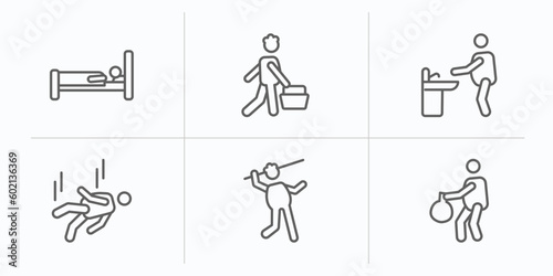 behavior outline icons set. thin line icons such as laying in bed, man shopping, washing hands, man falling, man throwing javelin, carry garbage vector.