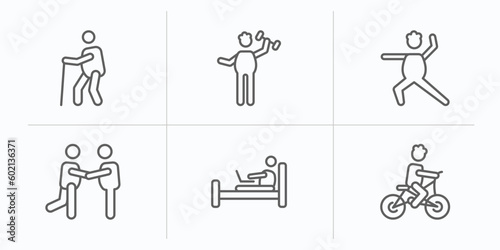 behavior outline icons set. thin line icons such as old man walking, man fitness, man warming up, two friends, laptop chatting on bed, riding bicylce vector.