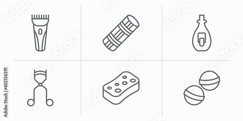 beauty outline icons set. thin line icons such as hair razor, foam curler, nail polish removal, eyelashes curler, sponge, bath salts bomb vector.