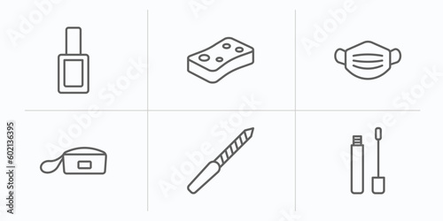 beauty outline icons set. thin line icons such as nail polish, bath sponge, face mask, little makeup box, nail file, lip gloss vector.