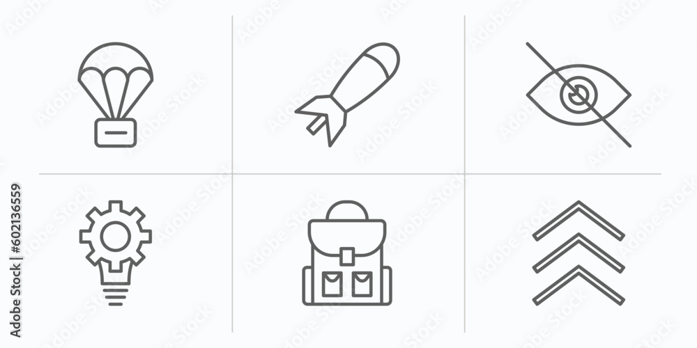 army and war outline icons set. thin line icons such as parachute, airplane bomb, stealth, strategy, backpack, chevrons vector. army and war outline icons set. thin line icons such as parachute, airplane bomb, stealth, strategy, backpack, chevrons vector.
