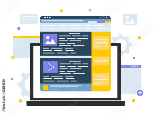 Website design concept. Writing page code. Programming, front end and back end development. Video and picture with text. Filling web page with content. Cartoon flat vector illustration