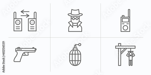 army and war outline icons set. thin line icons such as two way radio, secret agent, walkie talkie, , whizbang with rong, torture vector.