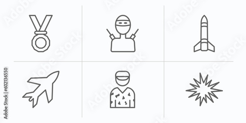 army and war outline icons set. thin line icons such as medal, guerrilla, missile, airplane, conscription, bomb detonation vector.