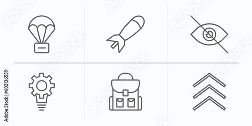 army and war outline icons set. thin line icons such as parachute, airplane bomb, stealth, strategy, backpack, chevrons vector.