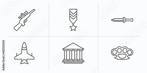 army and war outline icons set. thin line icons such as rifle, militar in, military knife, jet, federal agency, knuckle vector.