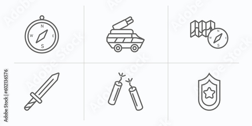 army outline icons set. thin line icons such as compass, military transport, map and compass, dagger, dinamite, two branches of frame vector.