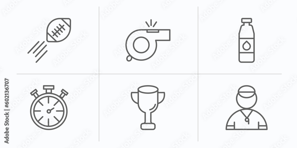 american football outline icons set. thin line icons such as ball on flight, whistle, bottle of water, stopwatch, trophy, trainer vector. american football outline icons set. thin line icons such as ball on flight, whistle, bottle of water, stopwatch, trophy, trainer vector.