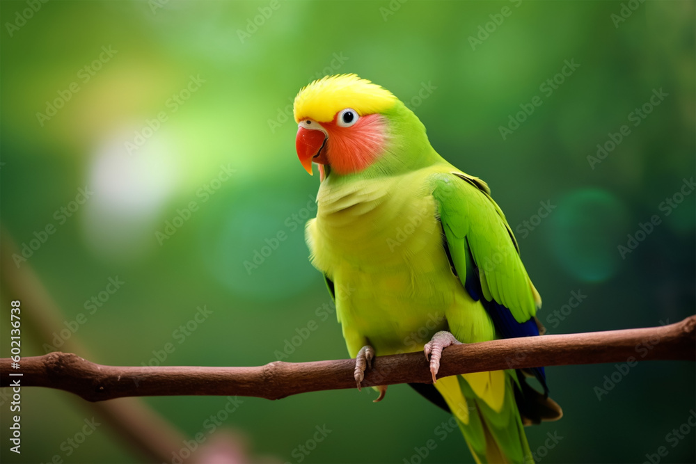 Obraz premium Beautiful parrot sitting on a branch and blurred jungle in background. World&nbsp;Parrot&nbsp;Day