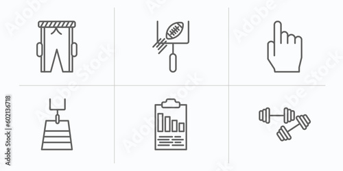 american football outline icons set. thin line icons such as practice pants, american football goal, foam finger, american football field, results, barbell vector.