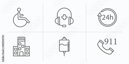 alert outline icons set. thin line icons such as handicap, medical support, 24h, police station, intravenous, 911 vector.