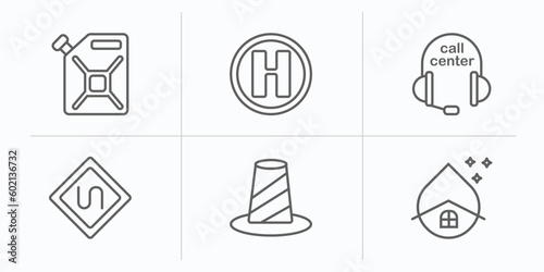 alert outline icons set. thin line icons such as jerrycan, hel, call center, bend, bollard, water hose vector.