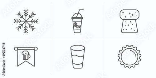 alcohol outline icons set. thin line icons such as cooling  ice coffee  cork  oktoberfest  shot  bottle cap vector.