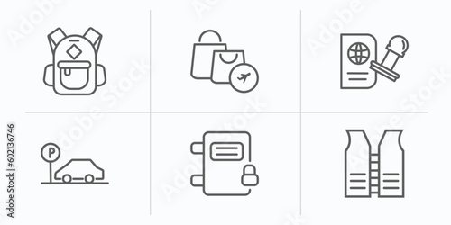 airport terminal outline icons set. thin line icons such as book bag with pockets, duty free basket, stamp for passports, parking square, airpot cupboard, lifesaver best vector.