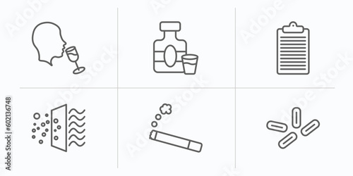 alcohol outline icons set. thin line icons such as wine tasting, whisky, order, filtration, cigarrete, yeast vector.