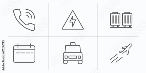 airport terminal outline icons set. thin line icons such as telephone, high voltage, picking luggage, week calendar, airport taxi, plane flying vector.