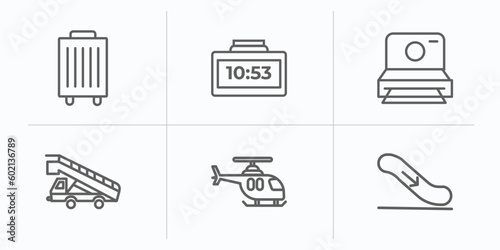 airport terminal outline icons set. thin line icons such as trip luggage, terminal watch, vintage camera, gangway truck, helicopter flying, airport down stairs vector.