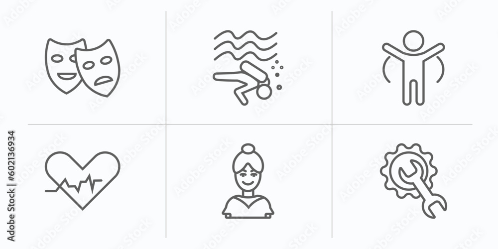 activity and hobbies outline icons set. thin line icons such as acting, diving, warming up, heart rate, ballerina, repairing vector.