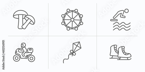activity and hobbies outline icons set. thin line icons such as mushrooming  modeling  jumping to the water  motorcycle  flying a kite  ice skating vector.