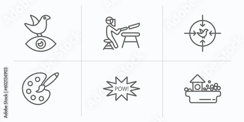 activity and hobbies outline icons set. thin line icons such as bird watching, knife making, hunting, coloring, comic, ball pit vector.